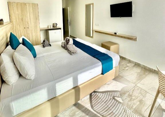 Spacious Superior Double hotel room with modern decor, featuring a comfortable double bed and large window with natural light.