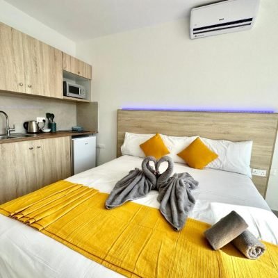 Superior Studio with modern design, cozy bed, and small kitchenette.